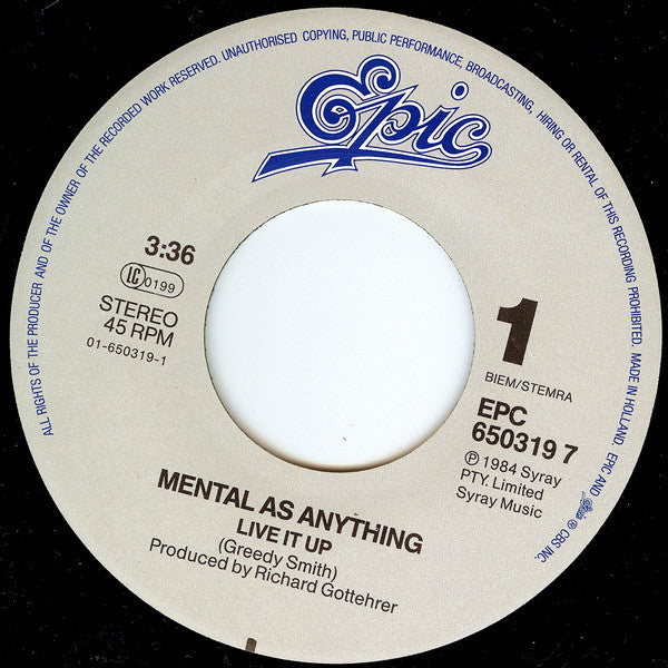 Mental As Anything : Live It Up (7", Single, RE)