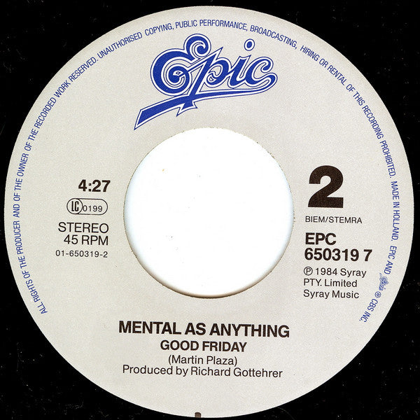 Mental As Anything : Live It Up (7", Single, RE)
