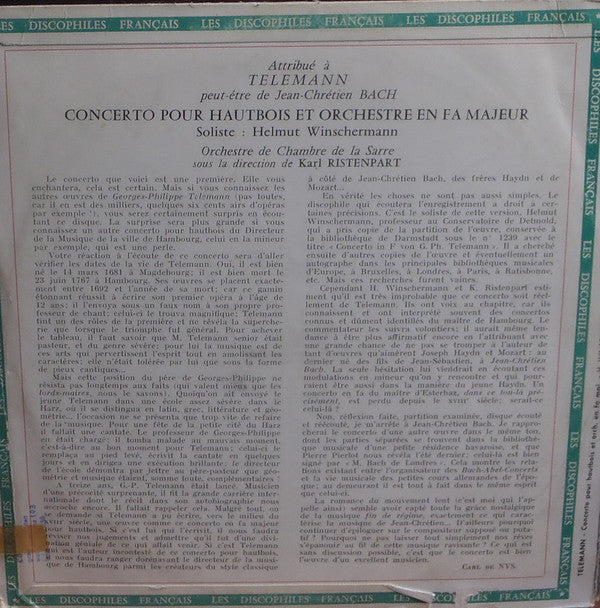 Georg Philipp Telemann / Helmut Winschermann, Kammerorchester Des Saarländischen Rundfunks, Saarbrücken Sous La Direction De Karl Ristenpart : Concerto Pour Hautbois Et Orchestre En Fa Majeur (10")