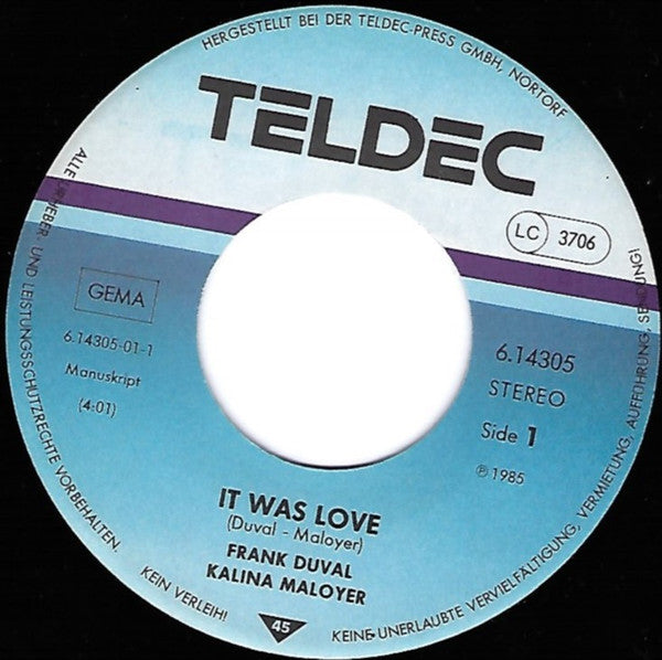 Frank Duval - Kalina Maloyer : It Was Love (7", Single)
