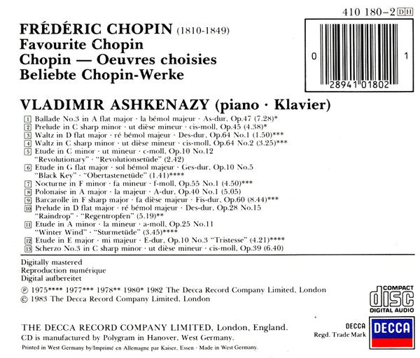 Frédéric Chopin - Vladimir Ashkenazy : Favourite Chopin (CD, Comp, RE, RM, RP)
