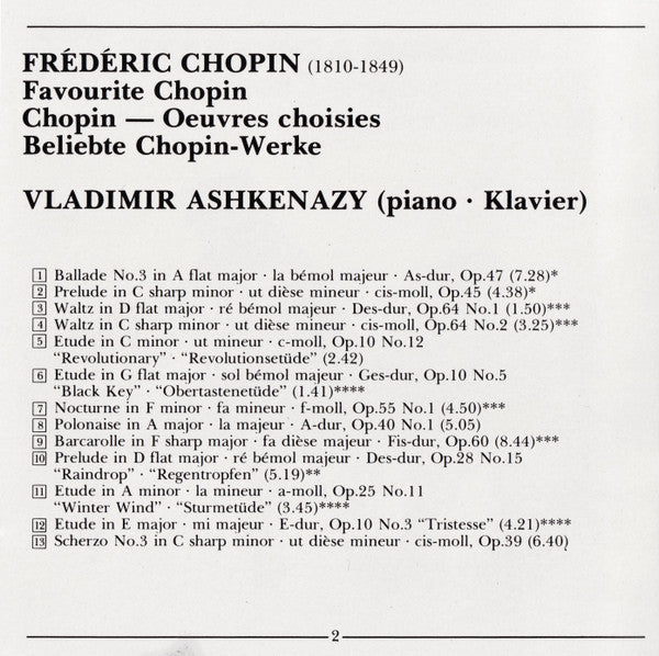 Frédéric Chopin - Vladimir Ashkenazy : Favourite Chopin (CD, Comp, RE, RM, RP)