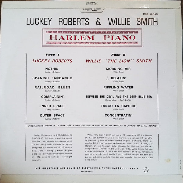 Charles "Luckey" Roberts & Willie "The Lion" Smith : Harlem Piano (LP, Album, Mono)