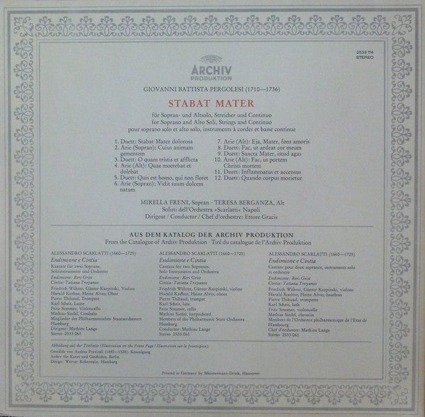 Giovanni Battista Pergolesi - Mirella Freni • Teresa Berganza, Solisti Dell'Orchestra «Scarlatti» Napoli*, Ettore Gracis : Stabat Mater (LP, Gat)