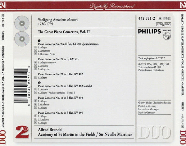 Wolfgang Amadeus Mozart - Alfred Brendel, The Academy Of St. Martin-in-the-Fields, Sir Neville Marriner : The Great Piano Concertos, Vol. 2: Nos. 9, 15, 22, 15, 27 (2xCD, Comp, RM)
