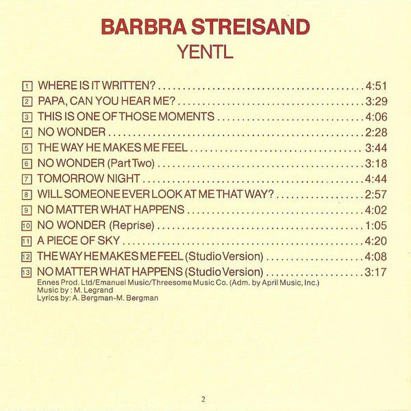 Barbra Streisand : Yentl (Original Motion Picture Soundtrack) (CD, Album)