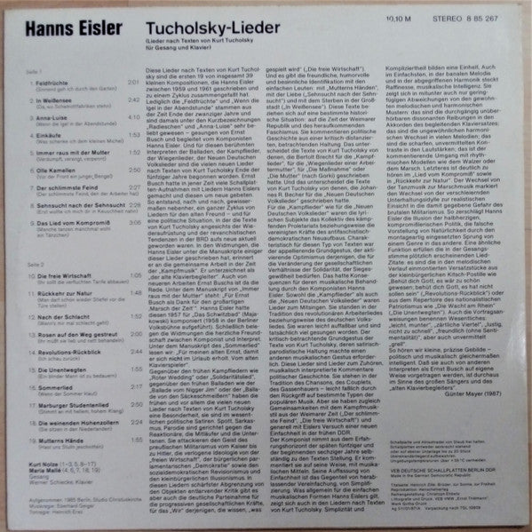 Hanns Eisler, Kurt Nolze, Maria Mallé, Werner Schiecke : Tucholsky-Lieder 1 (Lieder Nach Texten Von Kurt Tucholsky Für Gesang Und Klavier) (LP)
