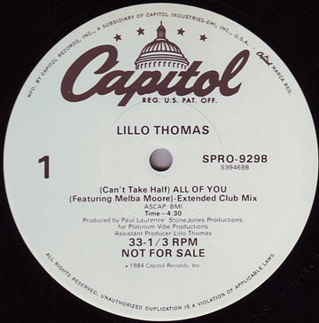 Lillo Thomas : (Can't Take Half) All Of You (12", Promo)