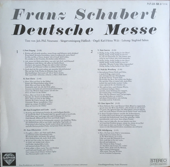 Franz Schubert, Sängervereinigung Haßloch, Karl-Heinz Walz, Siegfried Salten : Deutsche Messe (Gesänge Zur Feier Des Heiligen Opfers Der Messe) (LP)