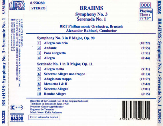Johannes Brahms, Alexander Rahbari, Belgian Radio And Television Philharmonic Orchestra : Symphony No. 3 / Serenade No. 1 (CD, Album)