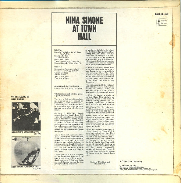 Nina Simone : Nina Simone At Town Hall (LP, Album, Mono, RE)