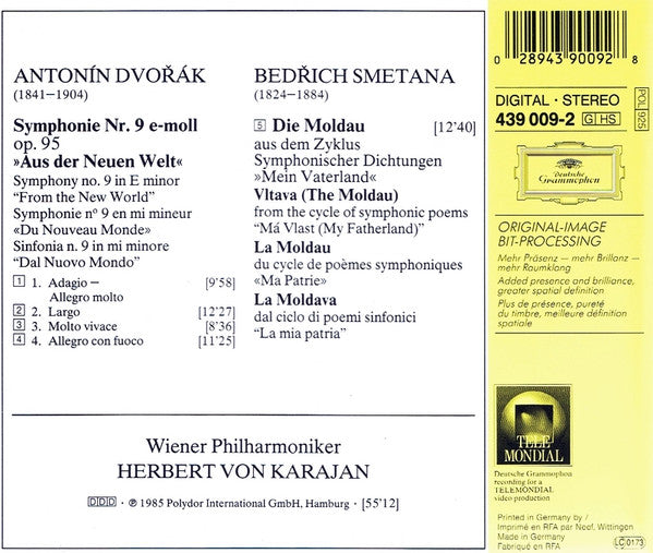 Antonín Dvořák / Bedřich Smetana, Wiener Philharmoniker • Herbert von Karajan : Symphonie Nr. 9 »Aus Der Neuen Welt = From The New World = Du Nouveau Monde« / Moldau (CD, Album, RE, RM)