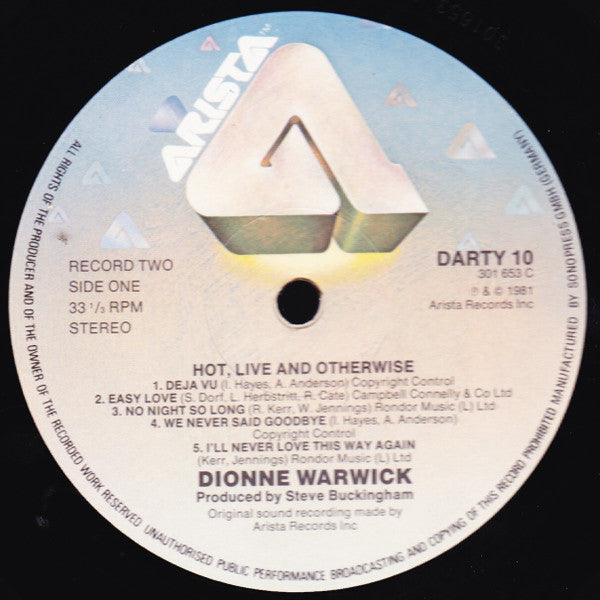 Dionne Warwick : Hot ! Live And Otherwise (2xLP, Album, Gat)