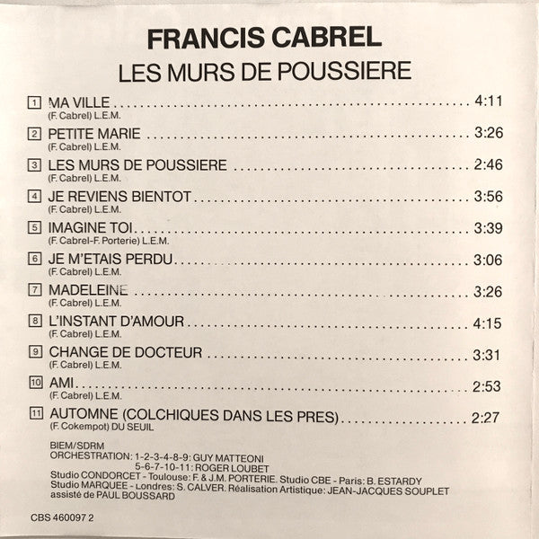 Francis Cabrel : Les Murs De Poussière (CD, Album, RE)