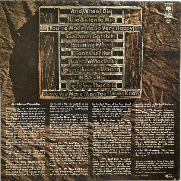 Blood, Sweat And Tears : Blood, Sweat & Tears Greatest Hits (LP, Comp, RE)