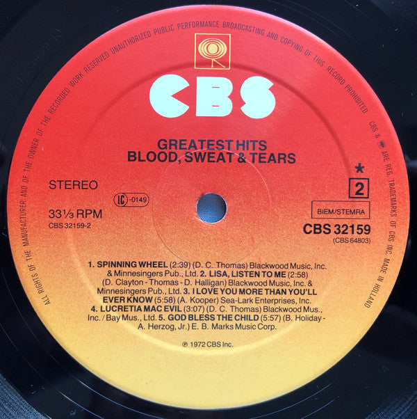 Blood, Sweat And Tears : Blood, Sweat & Tears Greatest Hits (LP, Comp, RE)