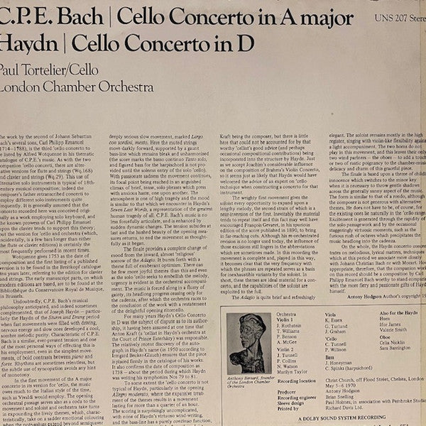 Carl Philipp Emanuel Bach, Joseph Haydn, Paul Tortelier, The London Chamber Orchestra : Cello Concerto In A Major Wq. 172 / Cello Concerto In D Op. 101 (LP, Album, Blu)