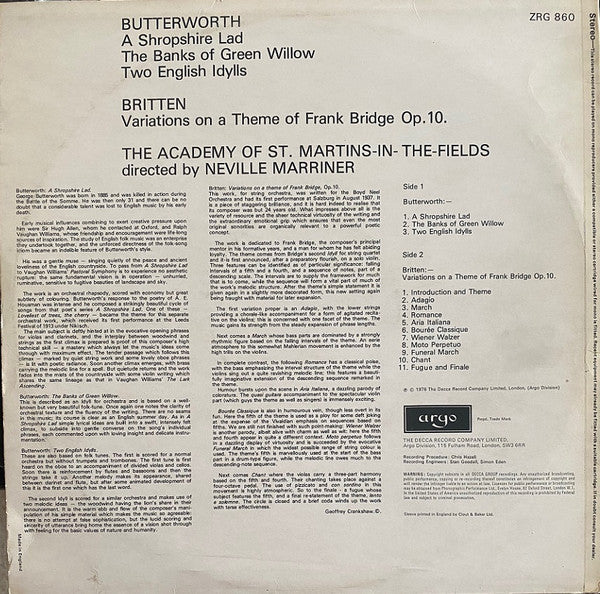 Butterworth* / Britten*, The Academy Of St. Martin-in-the-Fields, Neville Marriner* : A Shropshire Lad • Two English Idylls / The Banks Of Green Willow / Variations On A Theme Of Frank Bridge (LP)