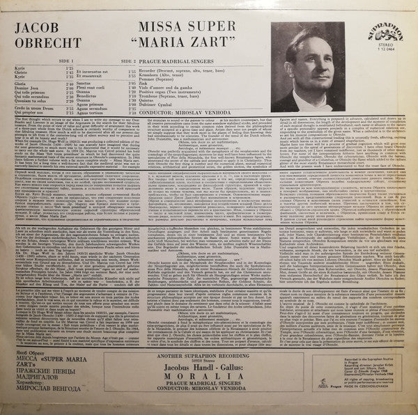 Jacob Obrecht - Prague Madrigal Singers, Miroslav Venhoda : Missa “Super Maria Zart” (LP, RP)