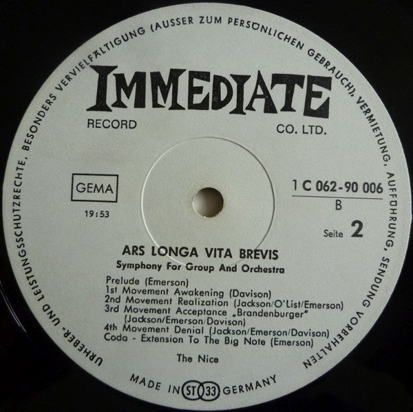 The Nice : Ars Longa Vita Brevis (LP, Album, RP)