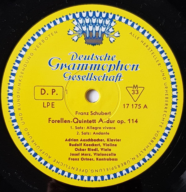 Franz Schubert - Adrian Aeschbacher • Rudolf Koeckert • Oskar Riedl • Josef Merz • Franz Ortner : Forellen-Quintett • The Trout (10", Mono, RE)