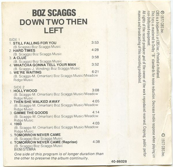 Boz Scaggs : Down Two Then Left (Cass, Album)