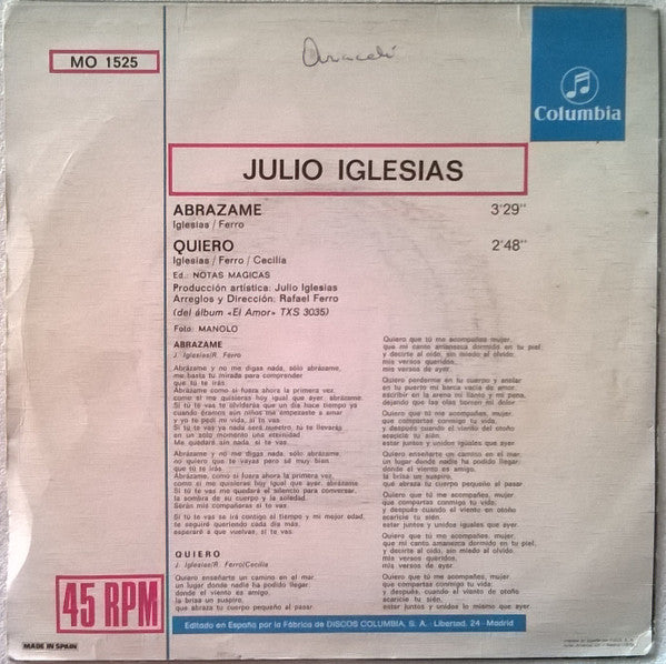 Julio Iglesias : Abrázame / Quiero (7", Single)