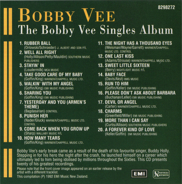 Bobby Vee : The Bobby Vee Singles Album (CD, Comp)