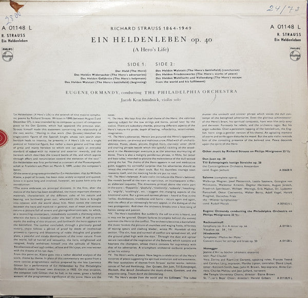 Richard Strauss - The Philadelphia Orchestra, Eugene Ormandy, Jacob Krachmalnick : Ein Heldenleben (LP, Mono)