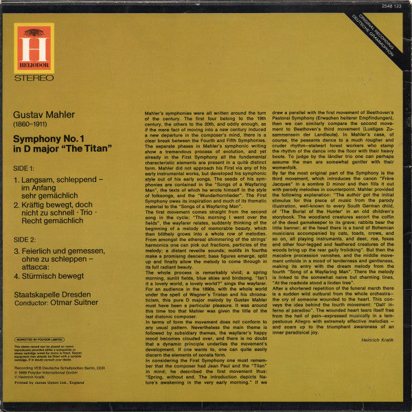 Gustav Mahler / Staatskapelle Dresden, Otmar Suitner : Symphony No.1 In D Major "The Titan" (LP)