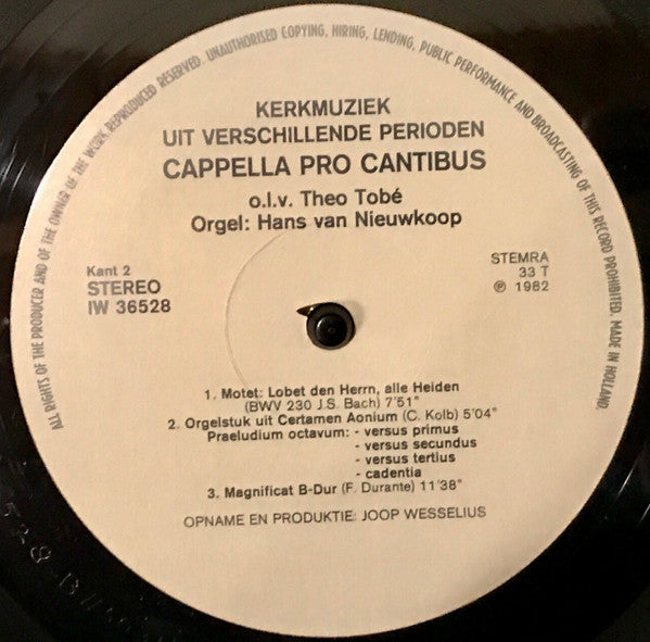 Cappella Pro Cantibus o.l.v. Theo Tobé : Kerkmuziek Uit Verschillende Perioden (LP)