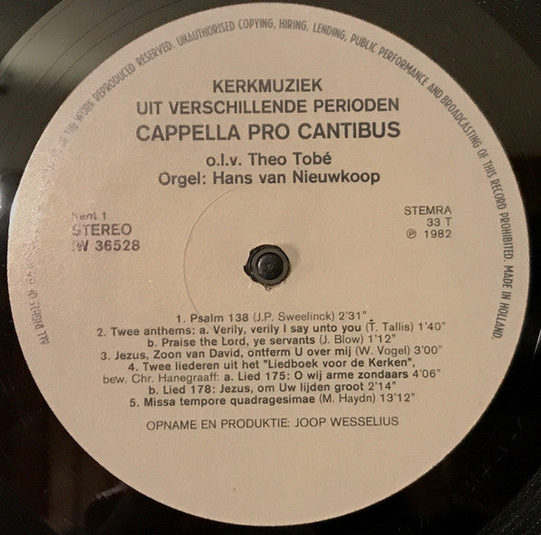Cappella Pro Cantibus o.l.v. Theo Tobé : Kerkmuziek Uit Verschillende Perioden (LP)