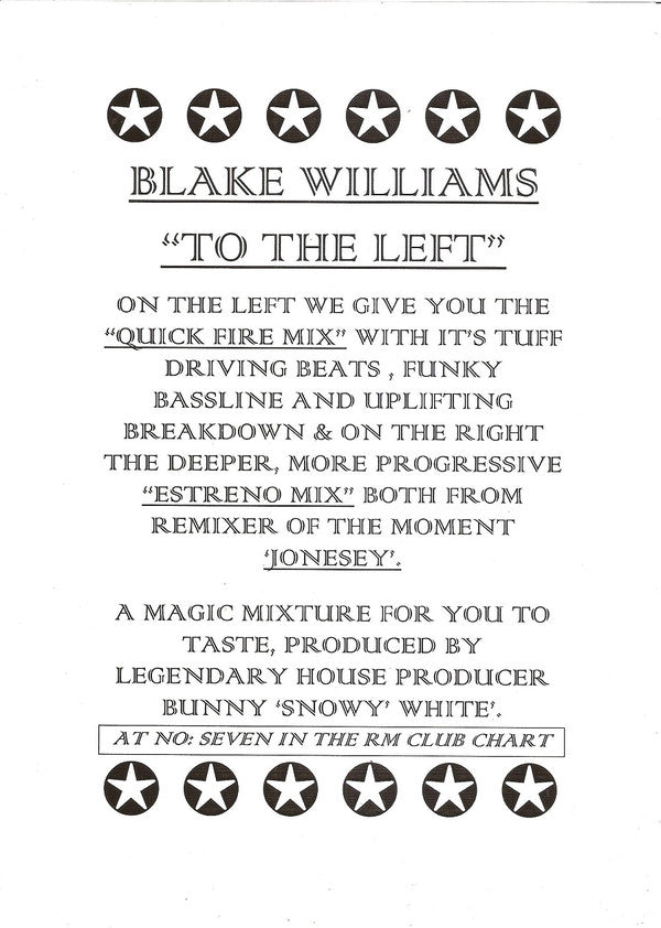 Blake Williams : To The Left (Jonesey Mixes) (12")