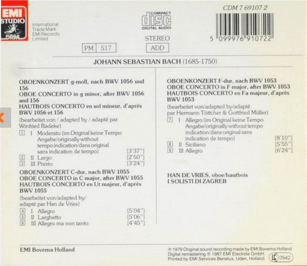 Johann Sebastian Bach, Han de Vries, Zagrebački Solisti : Oboe Concertos / Oboenkonzerte - BWV 1056/156 - BWV 1055 - BWV 1053 (CD, Album)