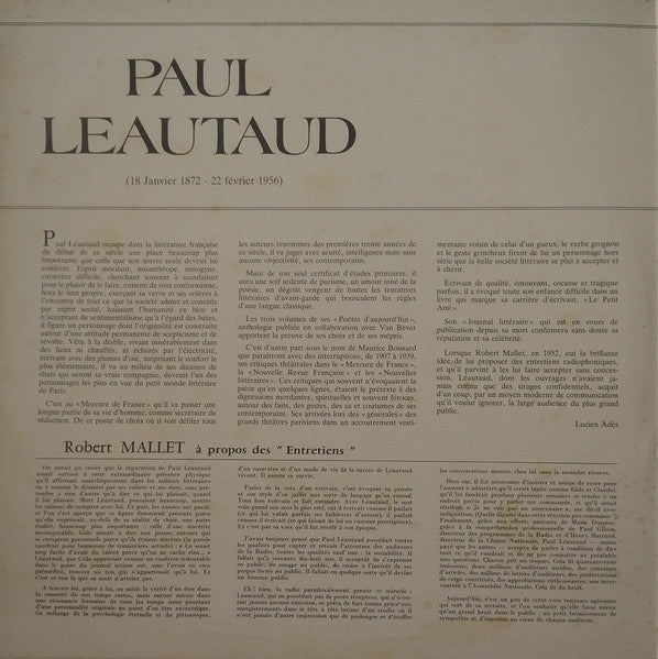 Paul Léautaud, Robert Mallet : Entretiens de Robert Mallet et Paul Léautaud : L'Enfance (2xLP, Mono)
