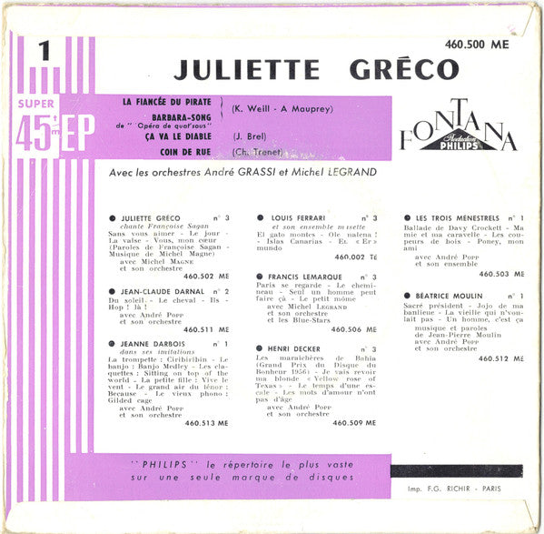 Juliette Gréco : 1 (7", EP, RE)