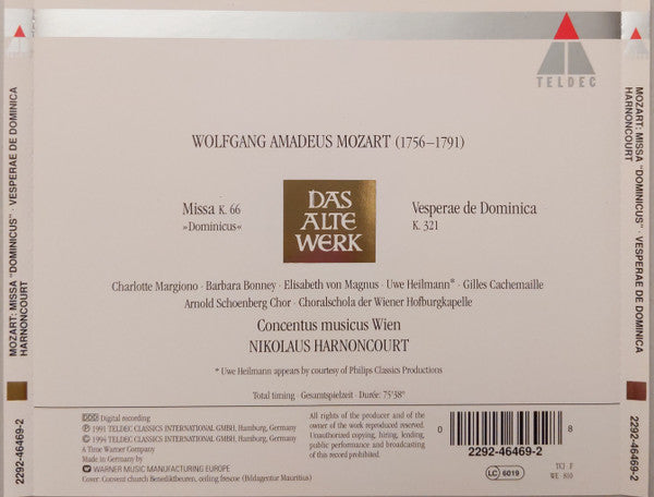 Wolfgang Amadeus Mozart, Charlotte Margiono, Barbara Bonney, Elisabeth Von Magnus, Uwe Heilmann, Gilles Cachemaille, Arnold Schoenberg Chor, Concentus Musicus Wien, Nikolaus Harnoncourt : Mozart: Missa "Dominicus" ; Vesperae De Dominica ; Harnoncourt (CD, Album, RE)