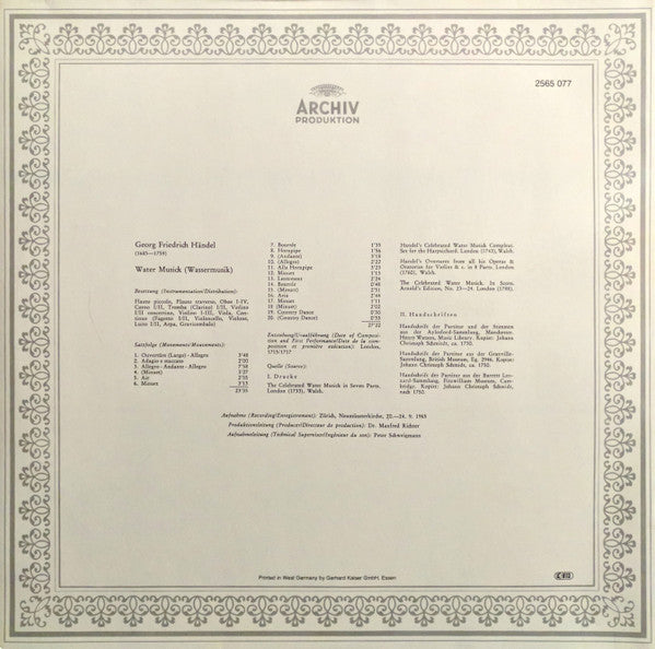 Georg Friedrich Händel – Schola Cantorum Basiliensis · August Wenzinger : Water Musick (LP, RE, Gat)
