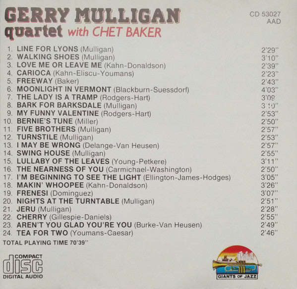 Gerry Mulligan Quartet With Chet Baker : Gerry Mulligan Quartet With Chet Baker (CD, Comp, RE)