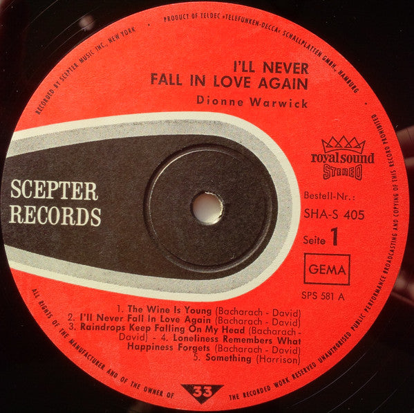 Dionne Warwick : I'll Never Fall In Love Again (LP, Album)