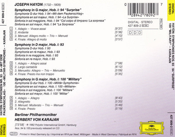 Joseph Haydn / Berliner Philharmoniker, Herbert von Karajan : Symphonien Nos. 93 94 »Mit Dem Paukenschlag ·Surprise « - 100 » Militär-Symphonie · Military «   (CD, Comp)