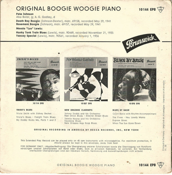 Pete Johnson, Meade "Lux" Lewis : Original Boogie Woogie Piano (7", EP, Mono, RP)