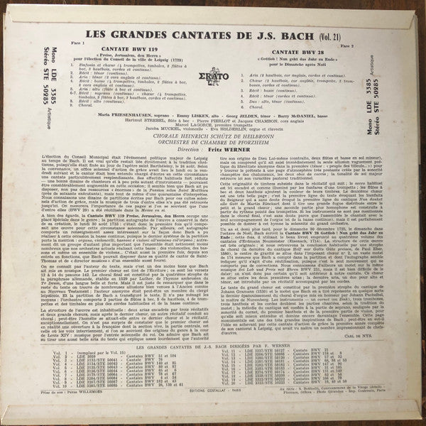 J-S Bach*, Maria Friesenhausen, Emmy Lisken, Georg Jelden, Barry McDaniel, Choral Heinrich Schütz de Heilbronn*, Südwestdeutsches Kammerorchester, Fritz Werner : Les Grandes Cantates de J.S. Bach (vol. 21) (LP, Album)