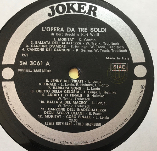 Bertolt Brecht / Kurt Weill : L'Opera Da 3 Soldi / L'Opera Da Tre Soldi (The Threepenny Opera, Die Dreigroschenoper) (LP)