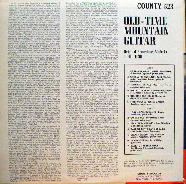 Various : Old-Time Mountain Guitar (Finger-Style Guitar 1926-1930) (LP, Comp, All)