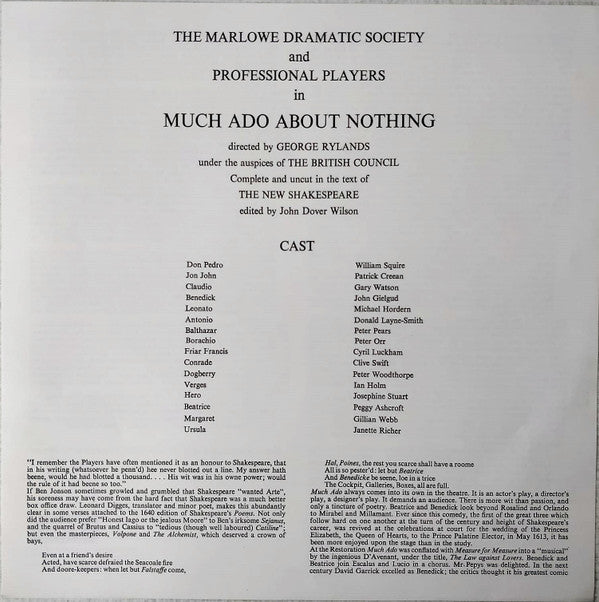 William Shakespeare, John Gielgud, Peggy Ashcroft, William Squire, Cyril Luckham, Ian Holm, The Marlowe Dramatic Society And Professional Players : Much Ado About Nothing (3xLP, Album + Box)