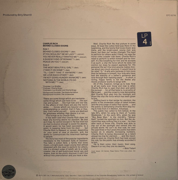 Charlie Rich : Behind Closed Doors (LP, Album)