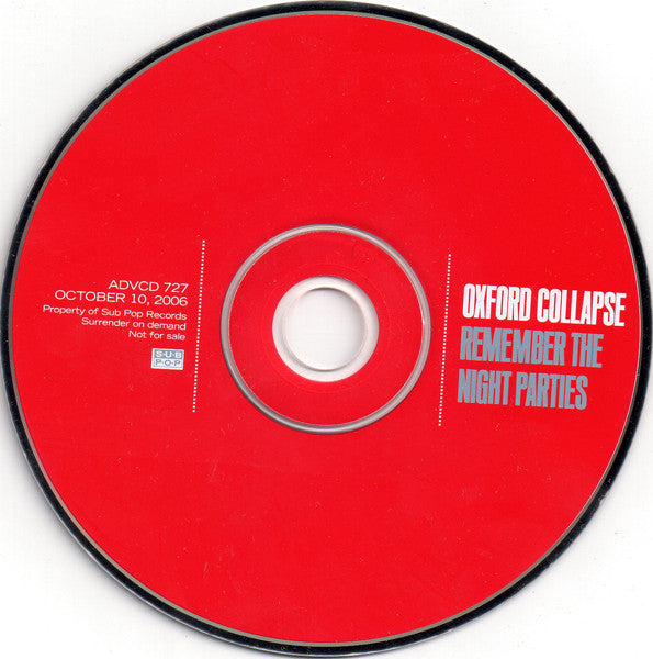 Oxford Collapse : Remember The Night Parties (CD, Advance, Album, Promo)