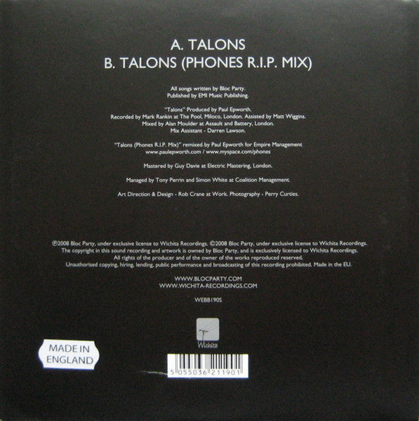 Bloc Party : Talons (7", Single, 1/2)