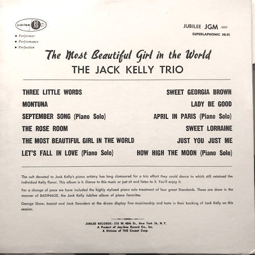 Jack Kelly Trio : The Most Beautiful Girl In The World (LP, Album, Mono, RP)